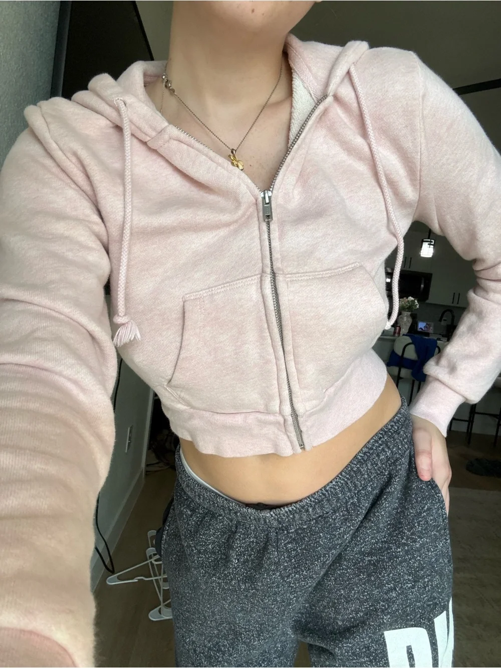 Brandy Melville Light Pink Cropped Zip Hoodie